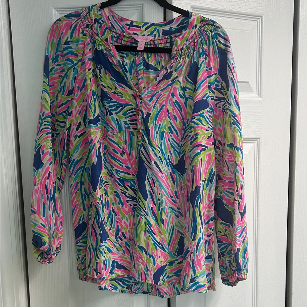 Lilly Pulitzer Pink, Blue & Green Printed Peasant Blouse